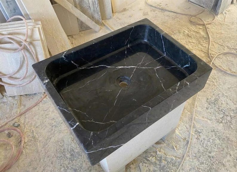 Handcarved Nero Marquina marble vessel sink by Marblyart, custom made to order — photo 9 of 13