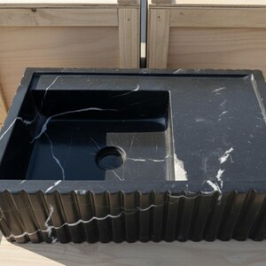 Handcarved Nero Marquina marble vessel sink by Marblyart, custom made to order — photo 6 of 12