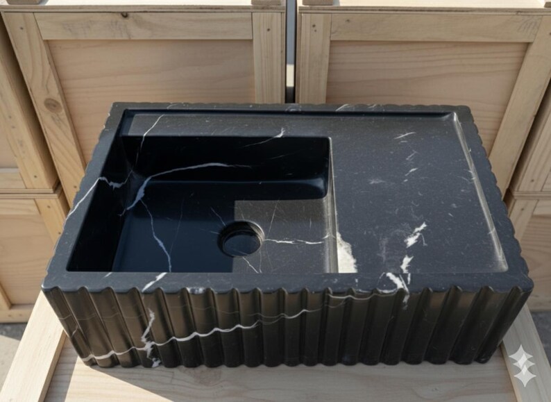 Handcarved Nero Marquina marble vessel sink by Marblyart, custom made to order — photo 6 of 12
