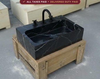 Nero Marquina Grooved Front Vessel Sink, Luxury Bathroom Vanity Decor, Custom Size Options, Artisan Made