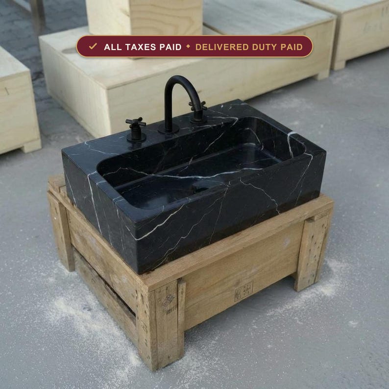 Handcarved Nero Marquina marble vessel sink by Marblyart, custom made to order — photo 1 of 17