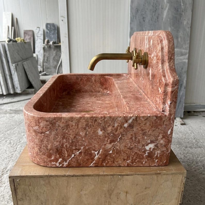Red Travertine wall mount sink — right side view (photo 4)
