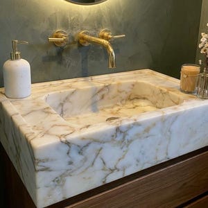 Handcarved Calacatta Gold marble vessel sink by Marblyart, custom made to order — photo 10 of 13