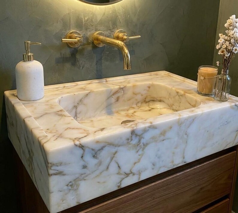Handcarved Calacatta Gold marble vessel sink by Marblyart, custom made to order — photo 10 of 13