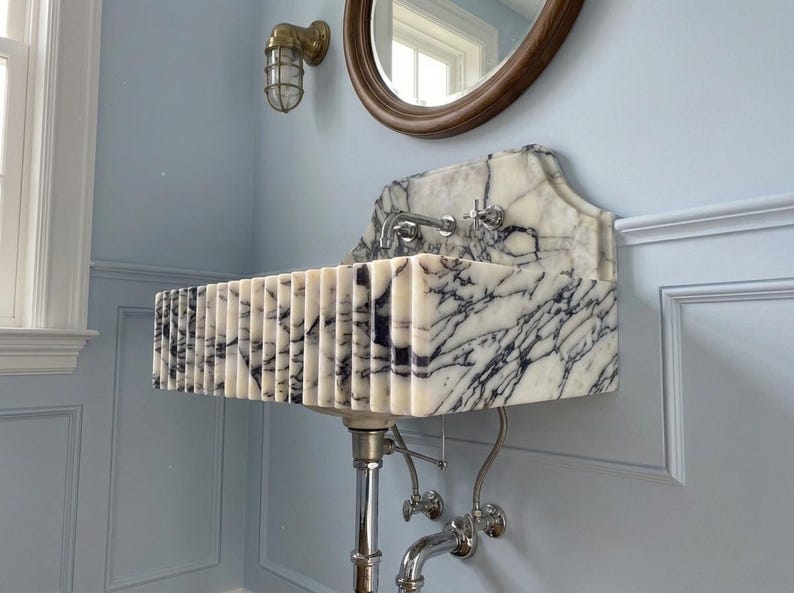 Handcarved natural marble marble floating vanity sink by Marblyart, custom made to order — photo 9 of 12