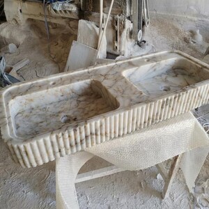 Handcarved Calacatta Gold marble double basin sink by Marblyart, custom made to order — photo 3 of 13