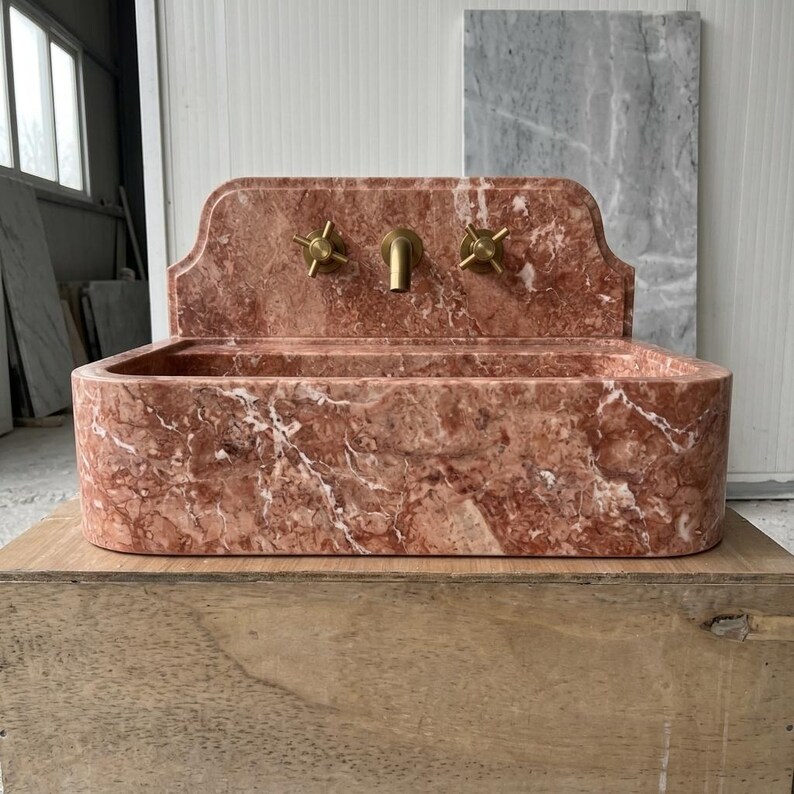 Red Travertine wall mount sink — front view (photo 10)