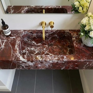 Handcarved Rosso Levanto marble floating vanity sink by Marblyart, custom made to order — photo 5 of 11