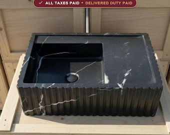Grooved Front Nero Marquina Vessel Sink, Luxury Bathroom Vanity Decor, Made to Order, Any Size