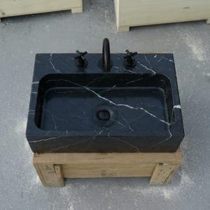 Handcarved Nero Marquina marble vessel sink by Marblyart, custom made to order — photo 15 of 17