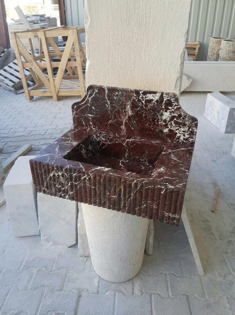 Handcarved Rosso Levanto marble wall mounted sink by Marblyart, custom made to order — photo 9 of 9