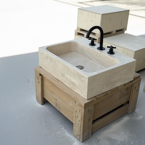 Handcarved beige travertine marble vessel sink by Marblyart, custom made to order — photo 5 of 11