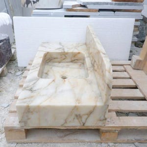 Handcarved Calacatta Gold marble floating vanity sink by Marblyart, custom made to order — photo 6 of 14