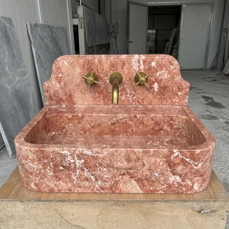 Red Travertine wall mount sink — eye-level view (photo 17)