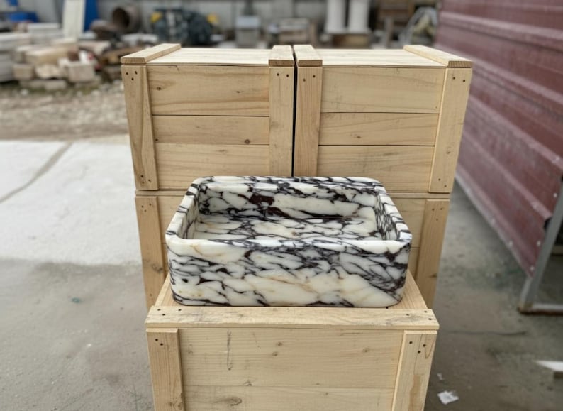Handcarved Calacatta Viola marble wall mounted sink by Marblyart, custom made to order — photo 7 of 11