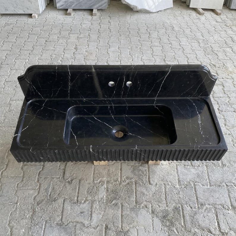Nero Marquina Marble fluted vessel sink — bird's eye view (photo 20)