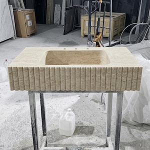 Beige Travertine square vessel sink — front view (photo 2)