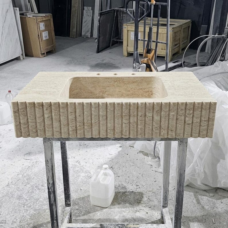 Beige Travertine square vessel sink — front view (photo 2)