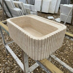 Handcarved beige travertine marble vessel sink by Marblyart, custom made to order — photo 7 of 13