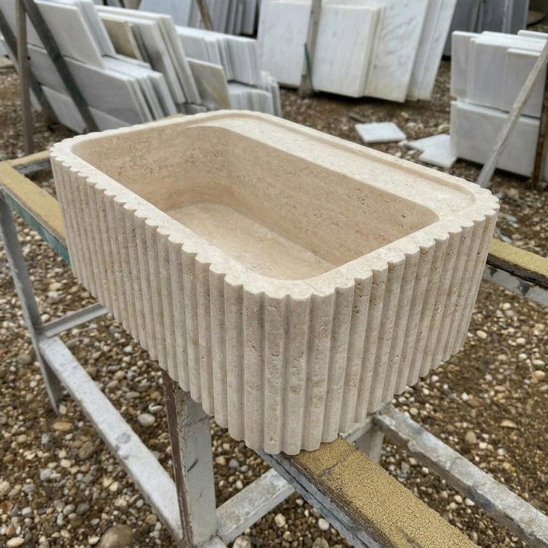 Handcarved beige travertine marble vessel sink by Marblyart, custom made to order — photo 7 of 13