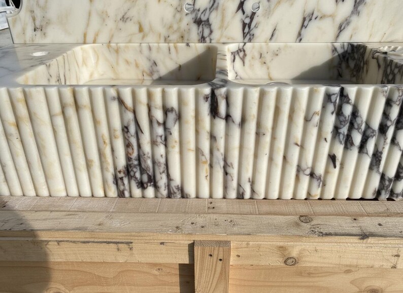 Handcarved Calacatta Viola marble vessel sink by Marblyart, custom made to order — photo 9 of 11