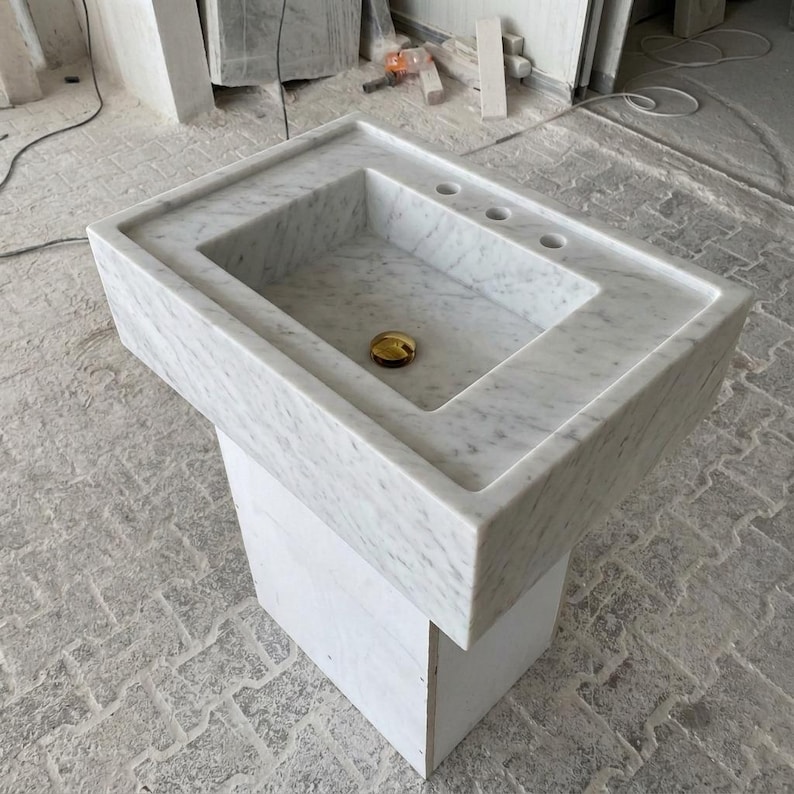 Carrara White Marble wall mount sink — isometric three-quarter view (photo 7)