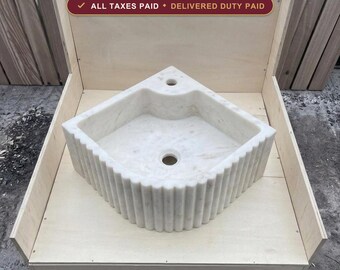 Handcarved Fluted Carrara Marble Corner Sink, Reeded Vessel Basin