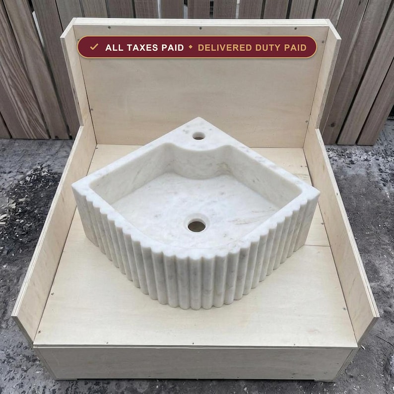 Handcarved Carrara marble fluted vessel sink by Marblyart, custom made to order — photo 1 of 13