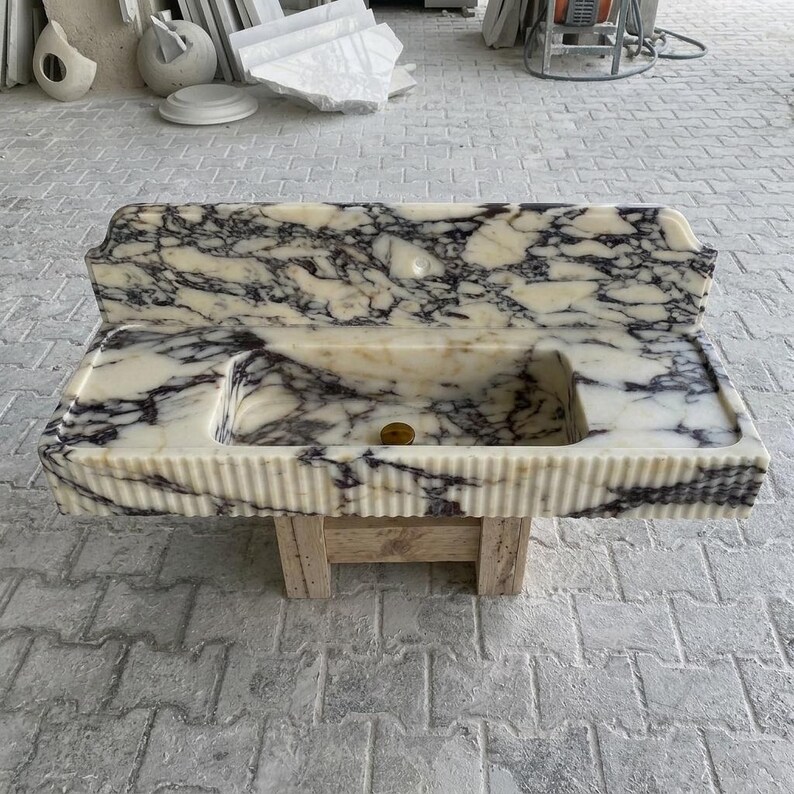 Calacatta Viola Marble fluted vessel sink — front view (photo 2)