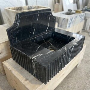 Handcarved Nero Marquina marble wall mounted sink by Marblyart, custom made to order — photo 8 of 14
