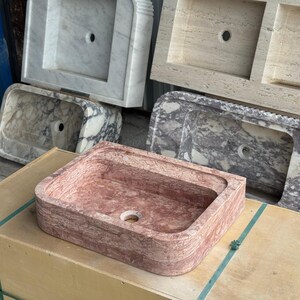 Handcarved red travertine marble vessel sink by Marblyart, custom made to order — photo 7 of 15
