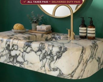 Handcrafted Calacatta Marble Floating Sink-Wall Mounted Stone Vanity-Luxury Powder Room Basin-Custom Stone Washbasin-Rounded Edges