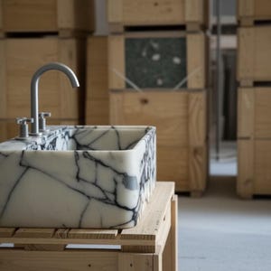 a marble-like sink with a metal faucet, placed on a wooden stand in a room with wooden crates and boxes in the background.