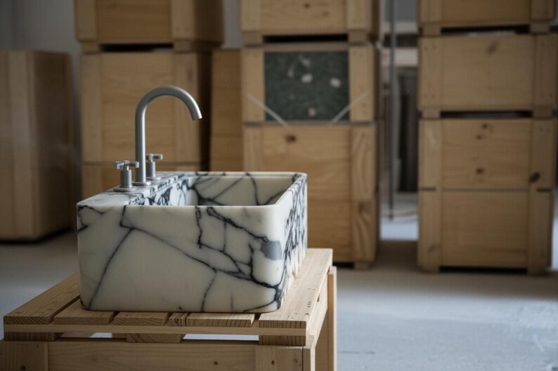 a marble-like sink with a metal faucet, placed on a wooden stand in a room with wooden crates and boxes in the background.