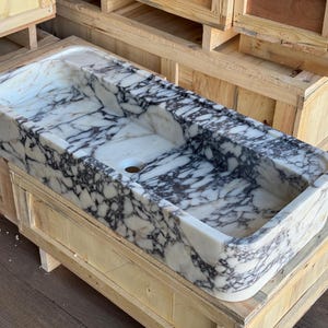 Handcarved Calacatta Viola marble vessel sink by Marblyart, custom made to order — photo 9 of 11