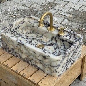 Handcarved Calacatta Viola marble wall mounted sink by Marblyart, custom made to order — photo 6 of 15