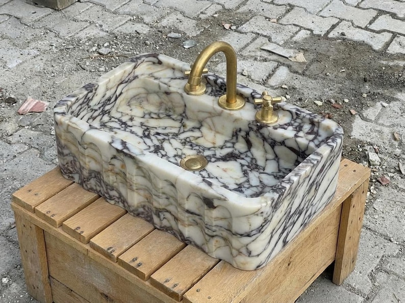 Handcarved Calacatta Viola marble wall mounted sink by Marblyart, custom made to order — photo 6 of 15