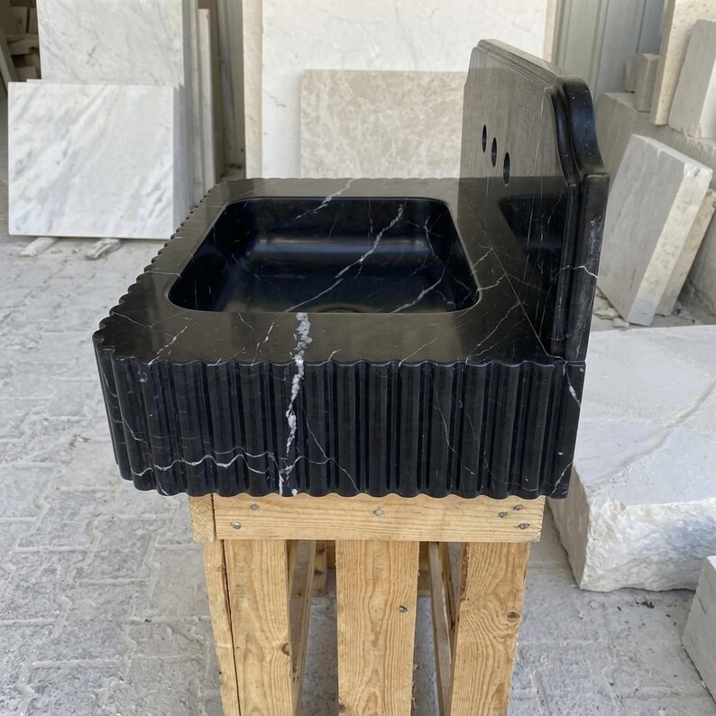 Nero Marquina Marble square vessel sink — right side view (photo 5)