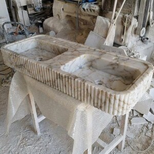 Handcarved Calacatta Gold marble double basin sink by Marblyart, custom made to order — photo 4 of 13