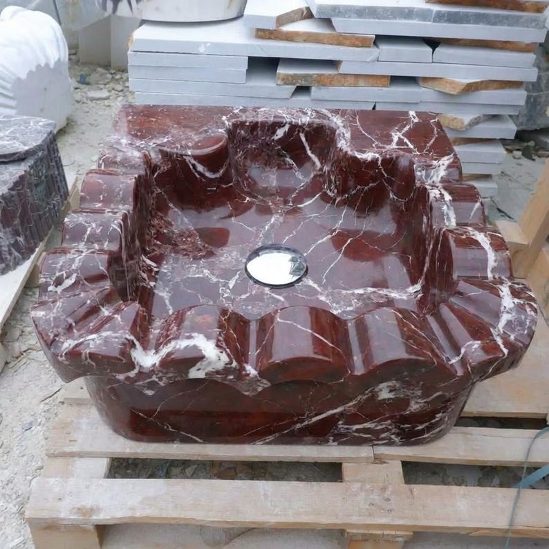Handcarved Rosso Levanto marble floating vanity sink by Marblyart, custom made to order — photo 12 of 15