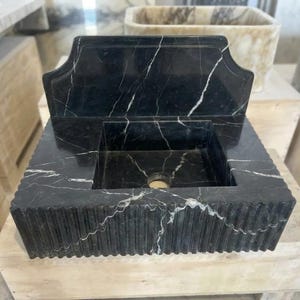 Handcarved Nero Marquina marble wall mounted sink by Marblyart, custom made to order — photo 3 of 14