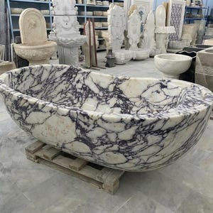 Handcarved Calacatta Viola marble freestanding bathtub by Marblyart, custom made to order — photo 11 of 13