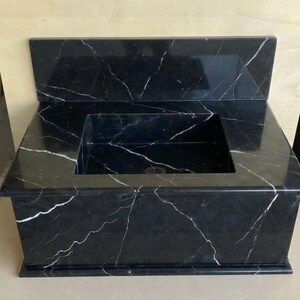 Handcarved Nero Marquina marble wall mounted sink by Marblyart, custom made to order — photo 5 of 13