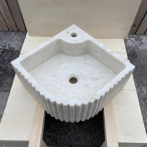 Handcarved Carrara marble fluted vessel sink by Marblyart, custom made to order — photo 10 of 13