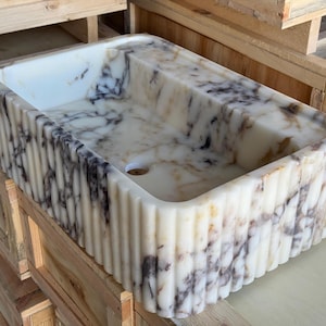 Handcarved Calacatta Viola marble fluted vessel sink by Marblyart, custom made to order — photo 11 of 11