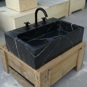 Handcarved Nero Marquina marble vessel sink by Marblyart, custom made to order — photo 16 of 17