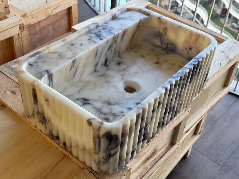 Handcarved Calacatta Viola marble fluted vessel sink by Marblyart, custom made to order — photo 7 of 11