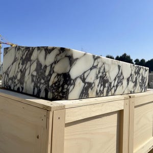 Handcarved Calacatta Viola marble double basin sink by Marblyart, custom made to order — photo 4 of 12