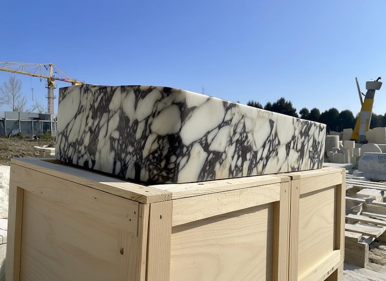 Handcarved Calacatta Viola marble double basin sink by Marblyart, custom made to order — photo 4 of 12