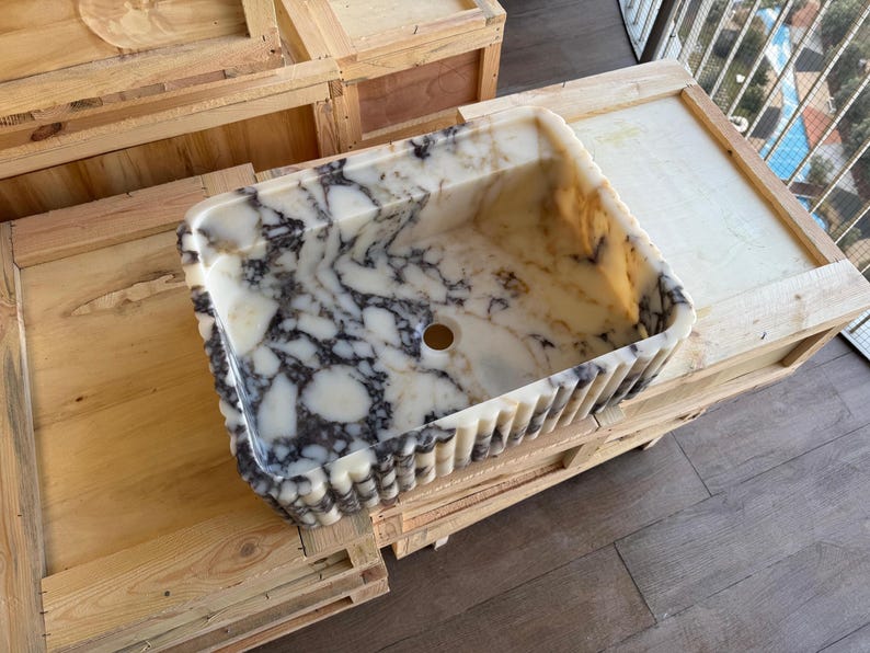 Handcarved Calacatta Viola marble vessel sink by Marblyart, custom made to order — photo 11 of 11